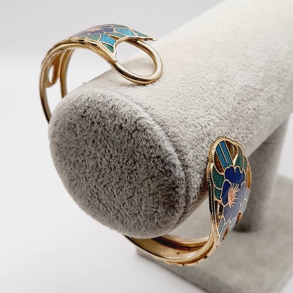 Vintage Cloisonné Hinged Bracelet 6 3/4" Blue Green Floral Enamel Gold Tone - Picture 9 of 10